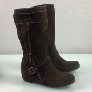 Kenneth Cole Lift Up Chocolate brown Suede pull up wedge heels boots SZ 8M EUC